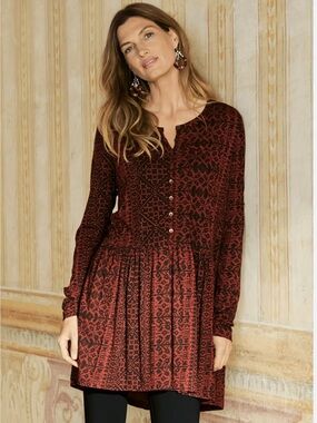 Peruvian Connection || Tangier Fretwork Tunic in Brick Orange Red Black M NWT